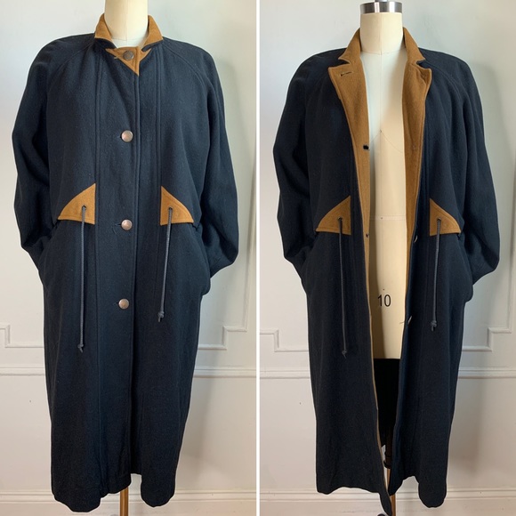 Vintage Black and Brown Long Wool Coat - Picture 2 of 5